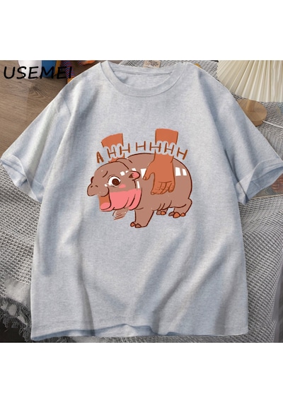 Flood Of Style Moo Deng Meme T Shirt Komik I Love Moo Deng Tee Hippo Sevgilisi T-shirt Pamuk Kısa Kol Gri