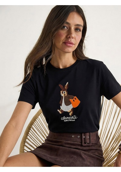 Shade Kadın Rabbit Nakışlı İşlemeli Bisiklet Yaka Basic T-shirt 7532 60283953 - Siyah