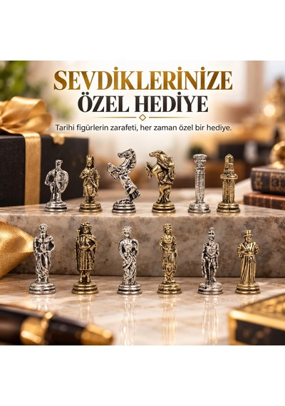 Lüks Metal Satranç Takımı Osmanlı Bizans Figürlü Krom Siyah Mermer Desenli 20x20 Premium Hediye Seti
