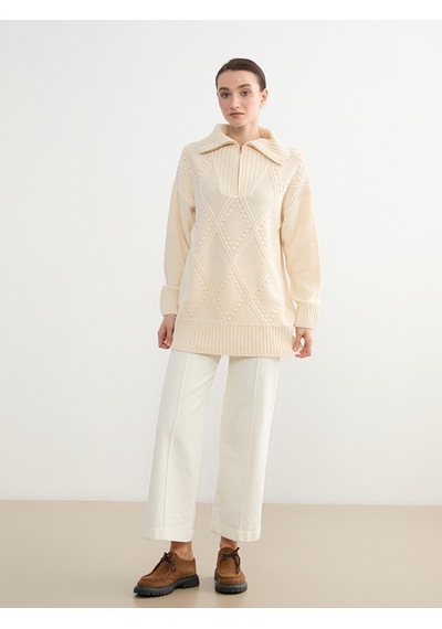 Lcw Modest Bej Polo Yaka Baklava Desenli Kadın Triko Tunik