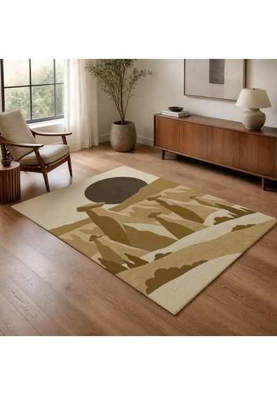 Kartela Halı Kapadokya Peri Bacası Desenli Halı Hardal Sarısı Kaymaz Taban 200x300 Cm