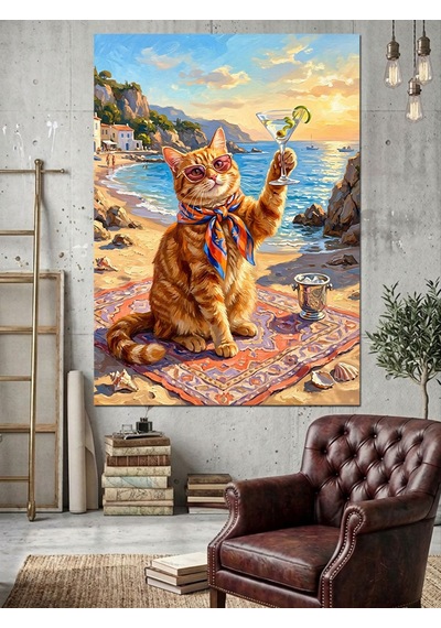 Kedi Plajda Kokteyl İçiyor Komik Dekoratif Kanvas - Mdf Ahşap Tablo