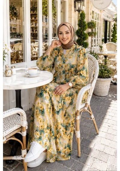 Hb Harma Time Butik Kadın Düğmeli Çiçek Desenli Sarı Modal Elbise Hardal Hardal