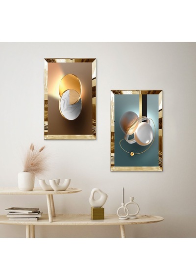 Gold Aynalı Pleksi Çerçeveli Renkli Arka Planlı Modern Soyut Desen İkili Mdf Tablo Seti