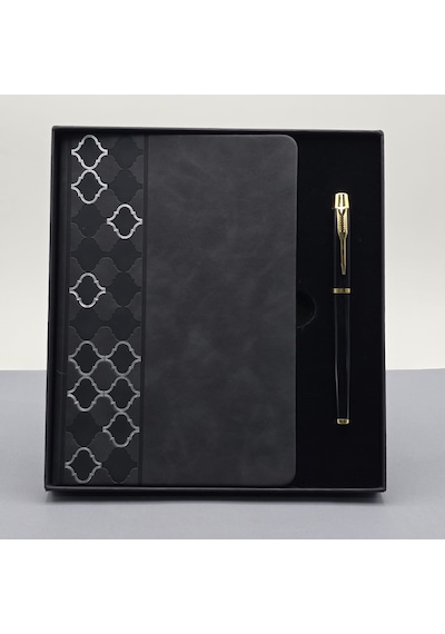 Desenli Siyah Deri Defter Kalem Set Çok Renkli