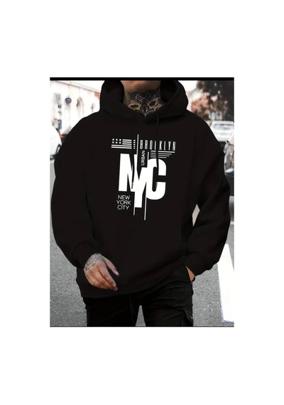 Medinenur Nyc Baskılı Kapüşonlu Cepli Sweatshirt Siyah