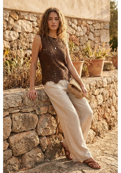 Sayzen Your Shine Kolsuz Dantel/tığ Dokuma Kadın Bluz Shn-2603 Kahverengi