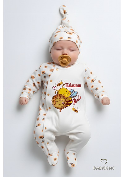 Babyden's Halasının Balı Yazılı Yenidoğan Bebek Tulumu Şapka Seti Arı Desenli %100 Pamuk Çıtçıtlı Bebek Tulum Ekru - Çok Renkli