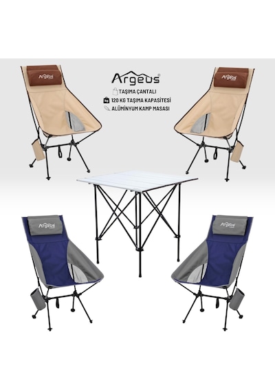 4 Adet Katlanır Kamp Sandalyesi Ve Alüminyum Masa Seti - Aero Silver - Mavi/kum Çok Renkli