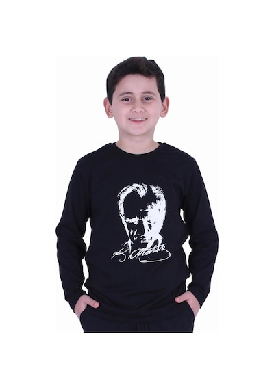 Markahit Atatürk Baskılı Uzun Kol Baskılı Atatürk Imzalı Unisex Çocuk T-shırt Siyah