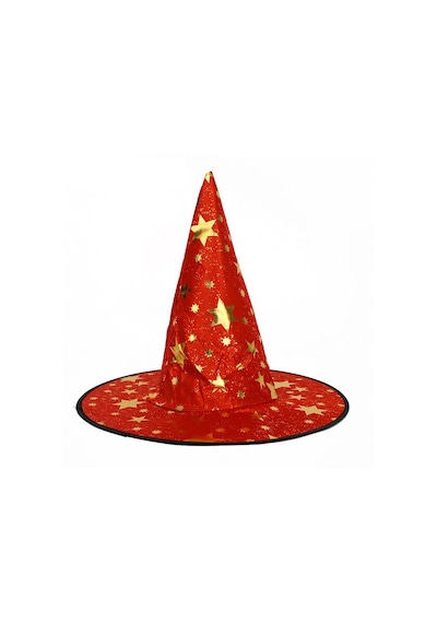 Yıldız Desenli Hallloween Cadı Şapkası, 38cm - Kırmızı