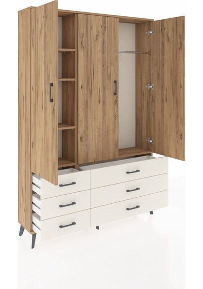 Arges Dolap 5 Raflı 6 Çekmeceli Tek Askılı 132x30x195 Çam-çam... Çam