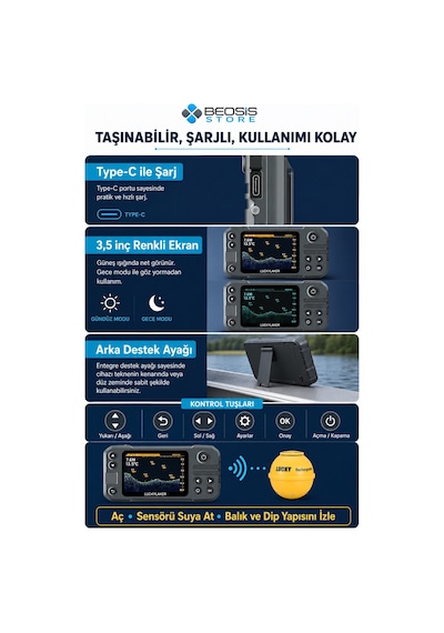 Lucky Ymt-202 Kablosuz Sonarlı Balık Bulucu 260 M Menzil, 45 M Derinlik, 3,5 İnç Renkli Ekran