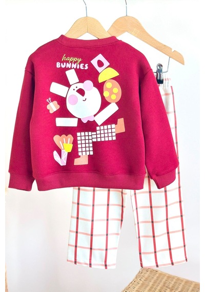 Monila Kız Çocuk Bordo Tavşan Baskılı Pamuklu Sweatshirt Ve Kareli Kanvas Pantolonlu Alt Üst Takım