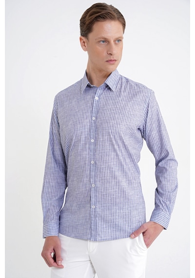 Slim Fit Klapa Yaka Esnek Pamuklu Gri Çizgili Gömlek G 1599