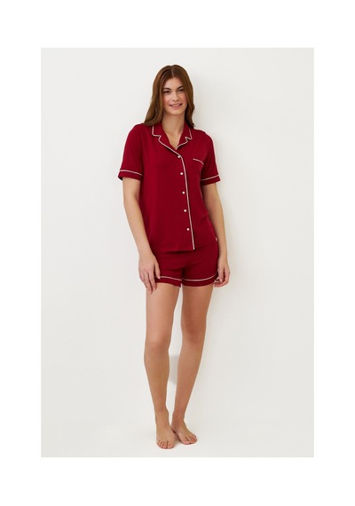 Katia&bony Kadın Luxury Düğmeli Şortlu Pijama Takımı Bordo Bordo