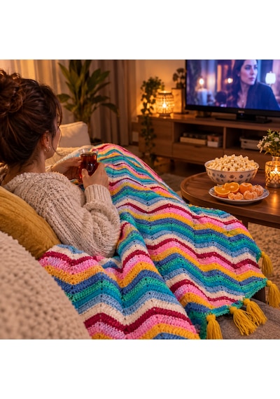 Renkli Zikzak Detaylı Tv Battaniyesi Çok Renkli