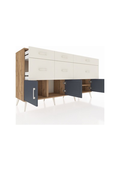 Kronos Konsol Tek Raflı 6 Çekmeceli 4 Kapaklı 176x59x99 Çam-antra Çam-antrasit/aytaşı