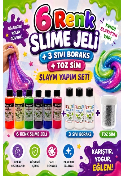 Slaym Yapım Seti 6 Adet Slime Jeli + 3 Adet Sıvı Boraks + 1 Adet Toz Sim