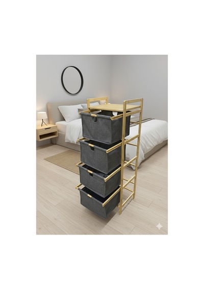 Bambu 4 Katlı Kumaş Sepetli Organizer Bambu