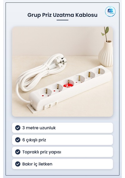 Grup Priz Uzatma Kablosu 3 M Topraklı 6 Çıkışlı Pvc Kılıflı Ev Of 3 M