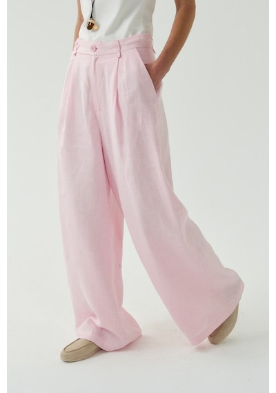 Molene Pembe Keten Palazzo Pantolon