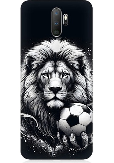 Oppo A9 2020 Uyumlu Siyah Beyaz Aslan Ve Futbol Topu Desenli Silikon Kılıf