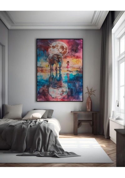 Kanvas Tablo Neon Renklerin Işıltısında Fil Ve Minik Çocuk Dekoratif Kanvas Tablo 70 X 100