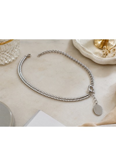 Lumessia Işıltılı Çift Sıra Taşlı Choker Kolye 316l Paslanmaz Çelik Altın - Gümüş