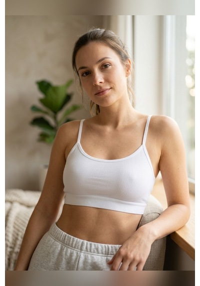 Aura Collections İnce İp Askılı Çıkarılabilir Pedli Fitilli Pamuk Bralette Büstiyer Crop Beyaz