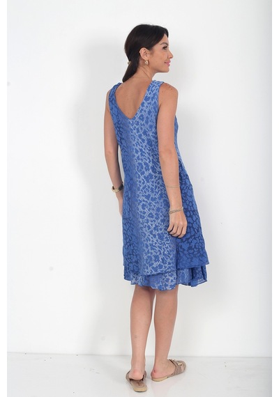 By Saygı Kadın İtalyan Cotton Leopar Desenli Astarlı Sıfır Kol Midi Elbise Saks