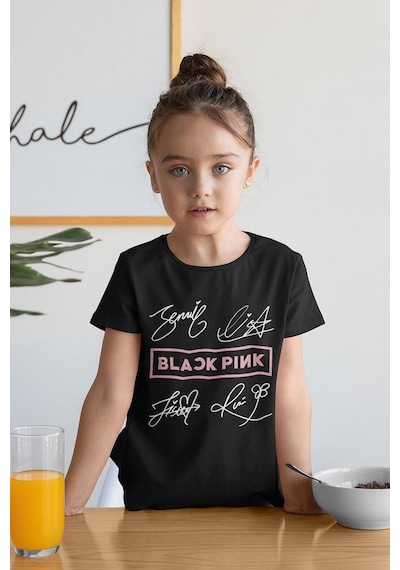 Sevbano Black Pink Müzik Grubu Baskılı Unisex Çocuk Tişört 1-12 Yaş Siyah