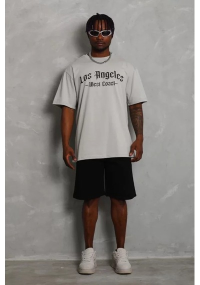 Efnaz Style Unisex Oversize Baskılı Bisiklet Yaka T-shirt - Gri