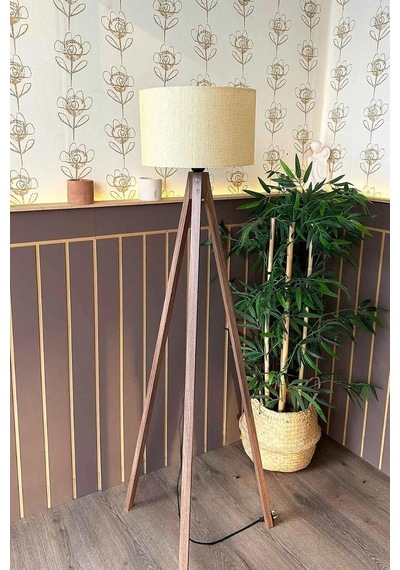 3 Ayaklı Ahşap Lambader - Hasır Dokulu Krem Silindir Kumaş Başlıklı Tripod Yer Lambası, E27 Duy Kahve Renkli Doğal Ahşap Gövde, Bohem Ve Rustik Köşe Aydınlatması L338 Diğer