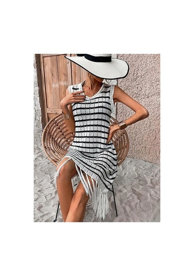Butik İstanbul Kadın Kolsuz Eteği Püsküllü Çizgi Desen Triko Elbise Beyaz