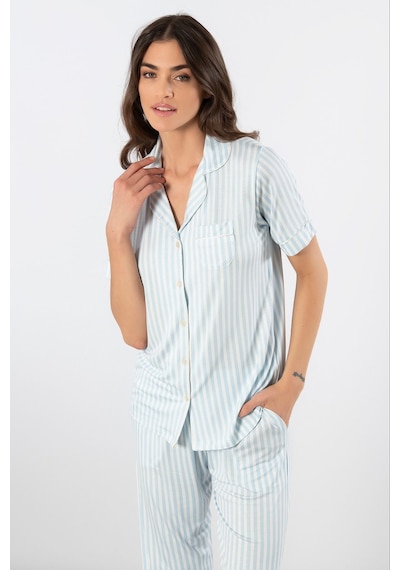 Türen Çizgili Kısa Kollu Gömlek Yaka Pijama Takımı Mavi