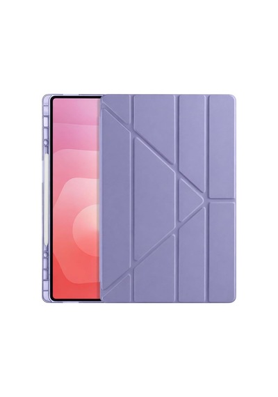 Samsung Galaxy X900 İle Uyumlu Tab S8 Ultra Kılıf 14.6' Kalem Koyma Bölmeli Stand Olan Uyku Modlu Suni Deri Yarı Transparan Arka Yüzey Attravtive Smart Cover Lavanta