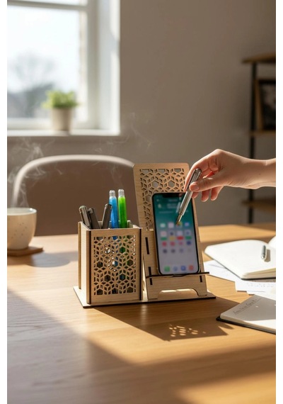 Kalemlik Ve Telefon Standı Geometrik Desenli Doğal Ahşap Açık Meşe Varsayılan