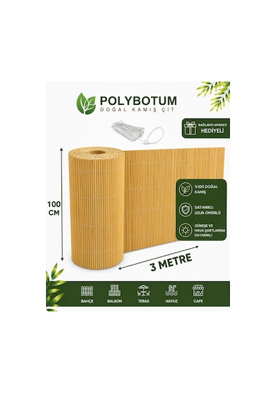 Polybotum Premium Doğal Kamış Hasır Balkon Çiti 100x300 Cm Sık