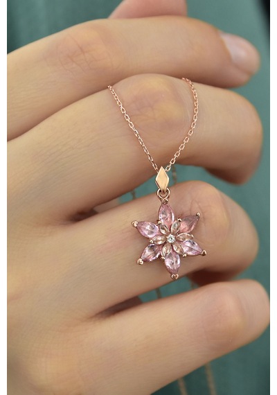 925 Ayar Gümüş Rose Kaplma Tepelikli Pembe Lotus Kolye UVPS101184