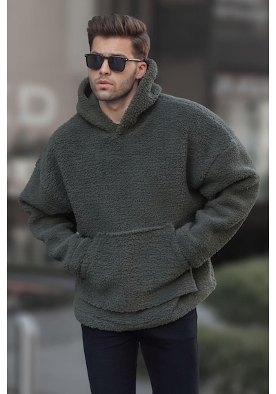Madmext Haki Oversize Peluş Erkek Sweatshirt 6160-haki Haki