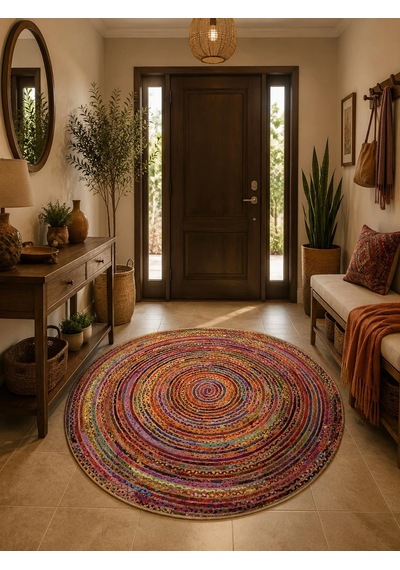 Blg Home Circle Bambu Koleksiyonu Yuvarlak Dijital Baskı Halı 8723 Çok Renkli