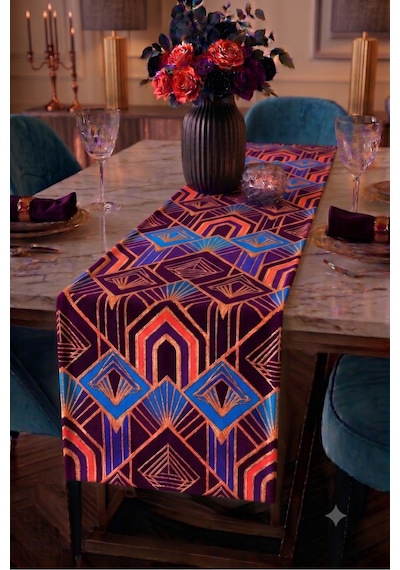 Premium Masa Runner Dijital Baskılı Çizgi Desenli Dekoratif Salon Mutfak Yemek Masası Runner Örtüsü 45x140 Cm Çok Renkli