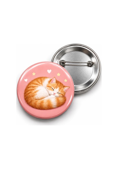 Kıvrılıp Uyuyan Turuncu Yavru Kedi - 58mm Rozet Çok Renkli