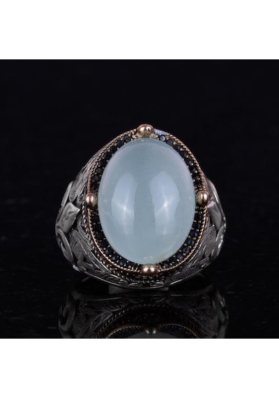 925 Ayar Gümüş El Yapımı Erkek Yüzük - Farklı Doğal Taş Seçenekleriyle Cabochon Akuamarin Gümüş