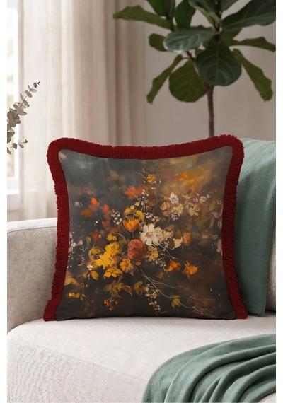 Vintage Çiçek Barok Saçaklı Yastık Kılıfı - Sanatsal Floral Kahverengi Bordo Püsküllü Kırlent Kılıfı Kadim Lagün Nektar Vintage Çiçek Barok Saçaklı Yastık Kılıfı - Sanatsal Floral Kahverengi Bordo Püsküllü Kırlent Kılıfı Kadim Lagün Nektar