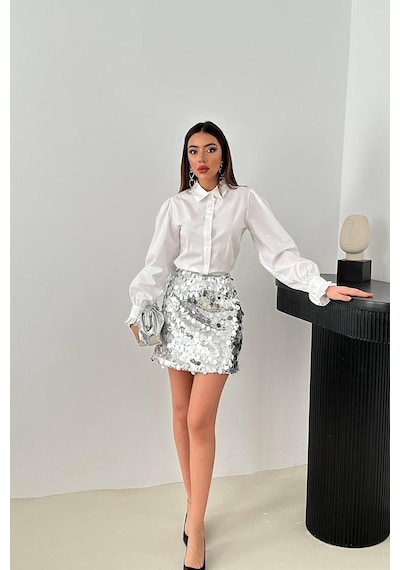 Alemdarshop Gümüş Pullu Kısa Etek