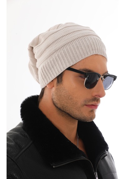Ritagarcia Unisex Arkası İpli Büzgülü Triko Bere Kışlık Dökümlü Slouchy Beanie Bere Taş Rengi