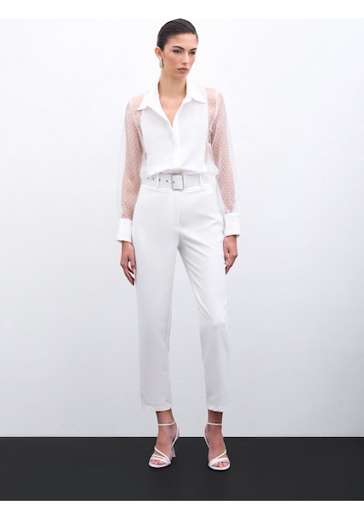 Sateen Organze Detaylı Gömlek - Ekru-135969 Ekru