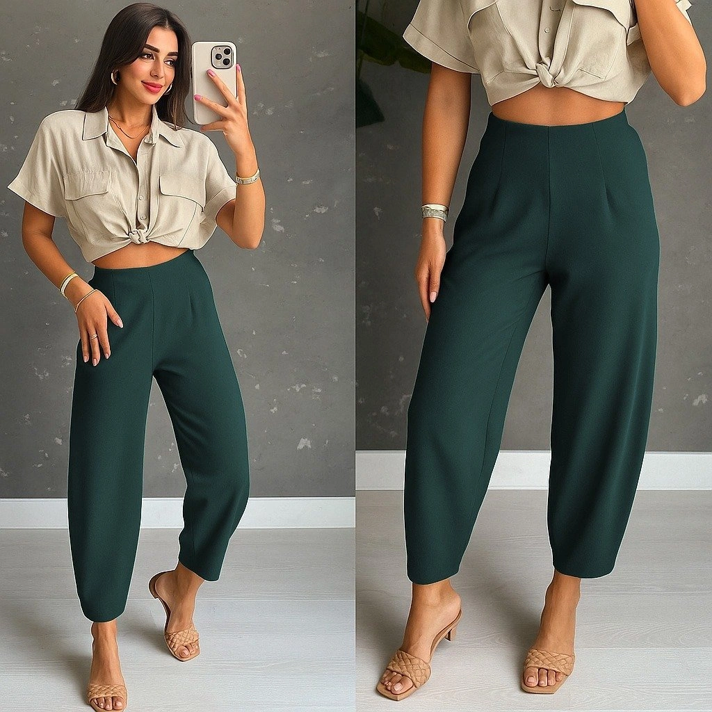 Nova Bazaar Kadın Yüksek Bel Krep Pantolon Yeşil